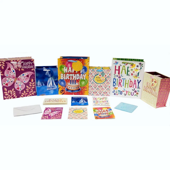 Birthday Gift Wrap Set - 6 Gift Bags, Greeting Cards, Tags & Tissue Paper
