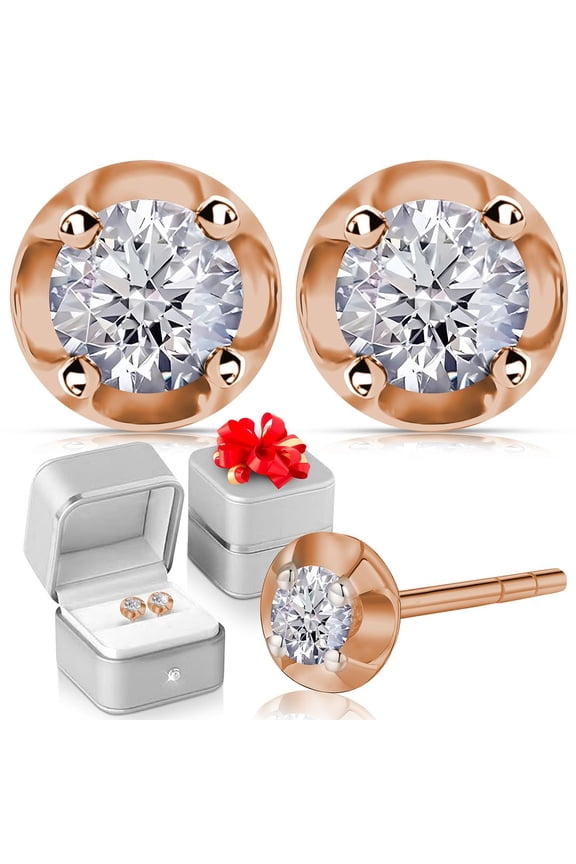 Lab Created Diamond Earrings Studs for Women in 925 Sterling Silver with 18K Vermeil Rose Gold Plating - 0.20 ctw, I2 Clarity Anniversary Jewelry Wedding Birthday Gifts for Her