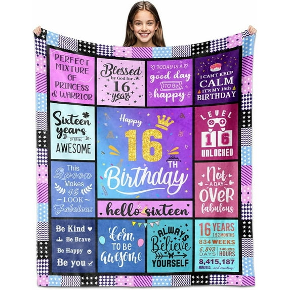 Birthday Gifts for 16 Year Old Girls, Sweet 16th Birthday Decorations for Girls Daughter Granddaughter, Birthday Blanket 60" X 50" Best Birthday Gift for 16 Year Old 16th