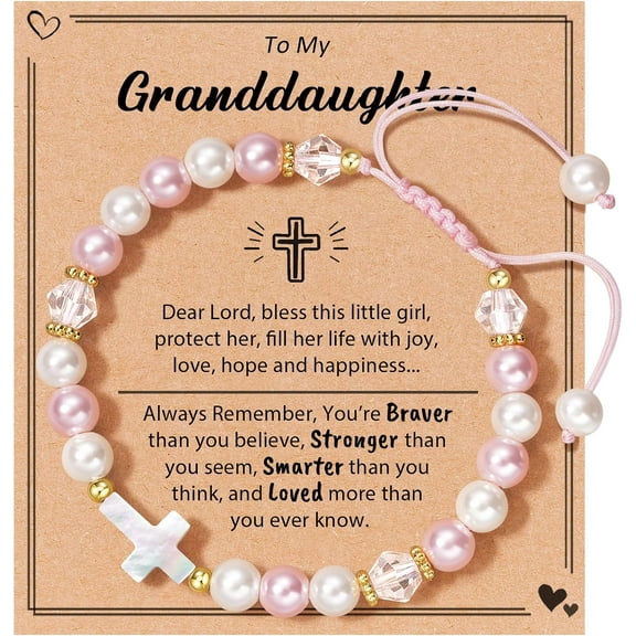 Birthday Gifts, Adjustable Pink White Pearl Cross Bracelet for Daughter Granddaughter Niece