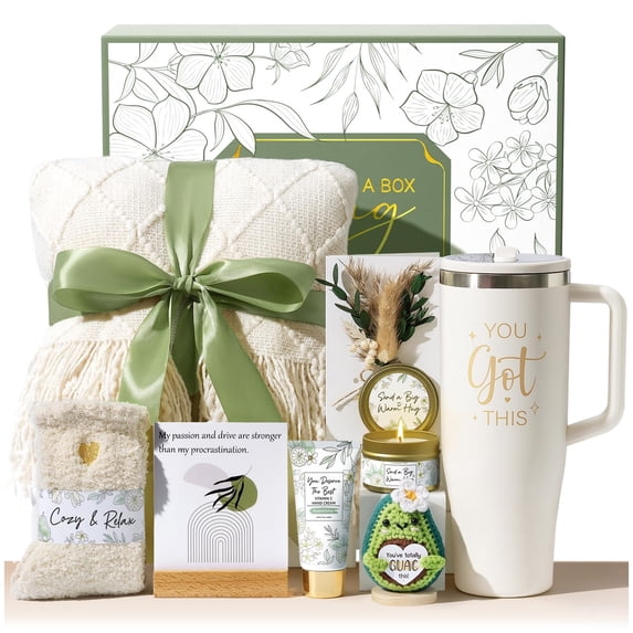Birthday Gifts Baskets for Women, Get Well Soon Spa Care Package w/ Knitted Blanket 40 OZ Tumbler, Relaxing Sympathy Gift Baskets for Mother's Day (Beige)
