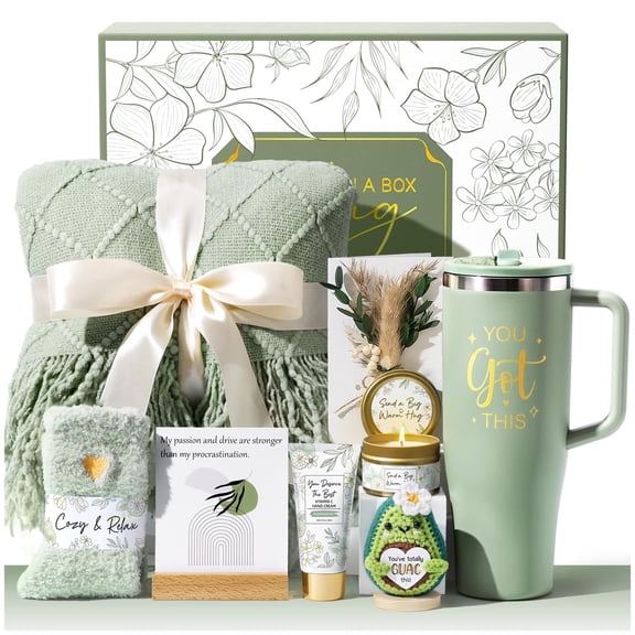 Birthday Gifts Baskets for Women, Get Well Soon Spa Care Package w/ Knitted Blanket 40 OZ Tumbler, Relaxing Sympathy Gift Baskets for Mother's Day (Green)