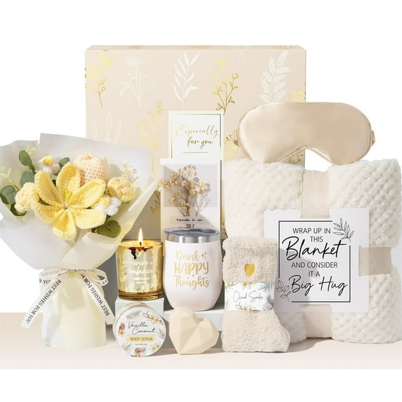 Birthday Gifts Baskets for Women, Self Care Package Get Well Soon Gift, Thinking of You Sympathy Spa Gift Set with Crochet Flower Bouquet for Her - Valentine's, Mother's Day Gifts, Beige