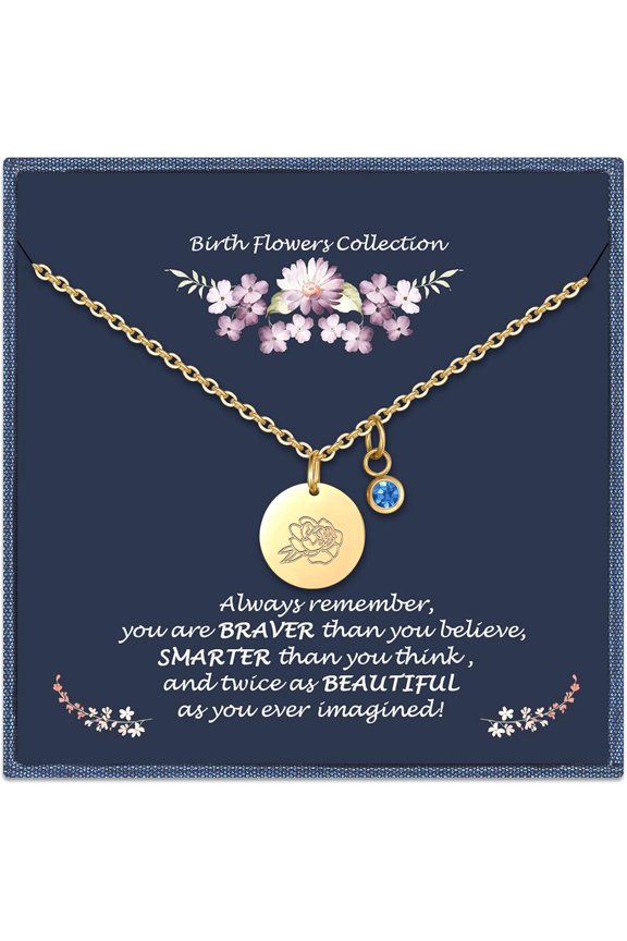 Birthday Gifts for Her Birth Flower Necklaces, 18K Gold Plated Dainty Birth Month Floral Birthstone Disc Coin Pendant Necklaces | Women Wildflower Jewelry Gifts for Valentines Anniversary