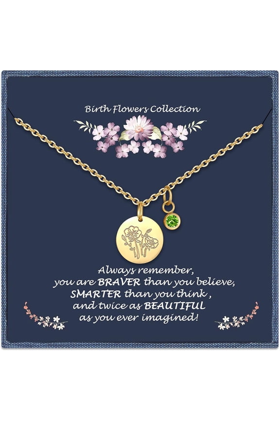 Birthday Gifts for Her Birth Flower Necklaces, 18K Gold Plated Dainty Birth Month Floral Birthstone Disc Coin Pendant Necklaces | Women Wildflower Jewelry Gifts for Valentines Anniversary