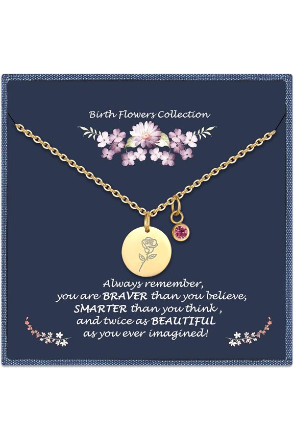 Birthday Gifts for Her Birth Flower Necklaces, 18K Gold Plated Dainty Birth Month Floral Birthstone Disc Coin Pendant Necklaces | Women Wildflower Jewelry Gifts for Valentines Anniversary
