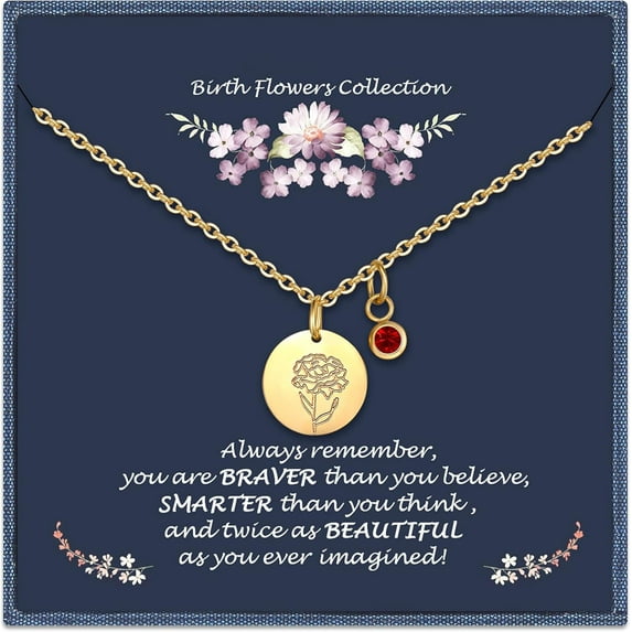 Birthday Gifts for Her Birth Flower Necklaces, 18K Gold Plated Dainty Birth Month Floral Birthstone Disc Coin Pendant Necklaces | Women Wildflower Jewelry Gifts for Valentines Anniversary