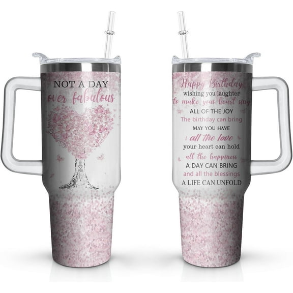 Birthday Gifts Cup, 40 Oz Stainless Steel Tumbler With Handle & Straw, Happy Birthday Gifts for Women Coffee Mug, Best Friend Birthday Decorations for Women, Happy Birthday Gifts for Women