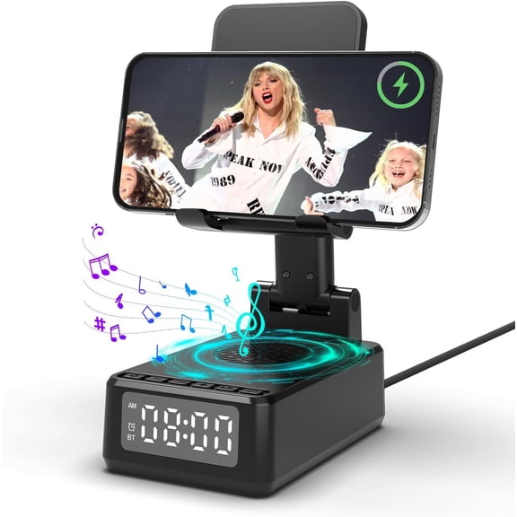 Birthday Gifts for Men Women, Cell Phone Stand with Bluetooth Speaker, Wireless Charging Phone Stand with Alarm Clock for iPhone, Stereo Sound Foldable Adjustable Desk Bedside Holder for Home Office