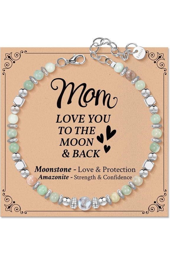 Birthday Gifts for Mom from Daughter Son Healing Natural Stone Moonstone Beads Bracelets for Women - Christmas Mothers Day Gifts for Bonus Mom Godmother Mama Mommy to Be