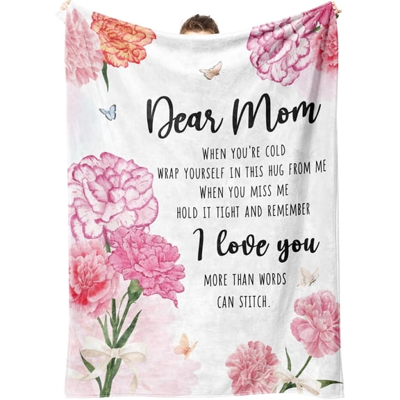 Birthday Gifts for Mom- Dear Mom Blanket with Carnation Gift Knot Butterfly- Moms Gifts from Daughter Son, Mother's Day Blanket Gifts for Moms Mama Mother
