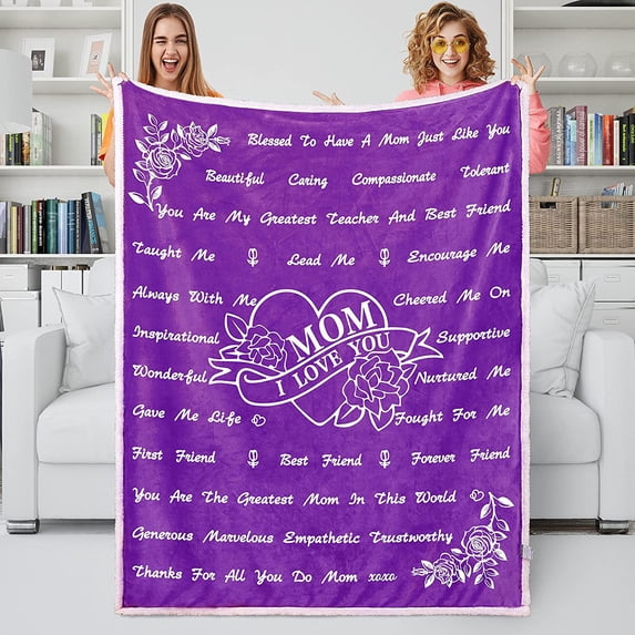 Birthday Gifts for Mom Unique Mom Gifts from Son Daughters for Mothers Day Valentines Day Christmas - I Love You Mom Sherpa Hugs Blanket 50"x60" (Purple)