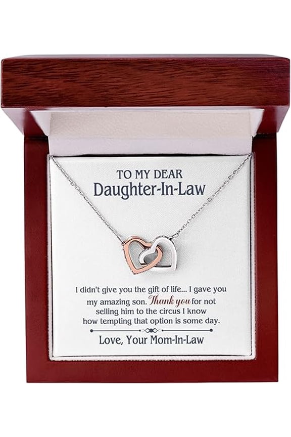 Birthday Gifts Necklace For Bonus Daughter, Interlocking Heart Necklace on Wedding Day with Message Card and LED Box, Gifts For Daughter In Law Necklace Set From Mother in Law For Christmas