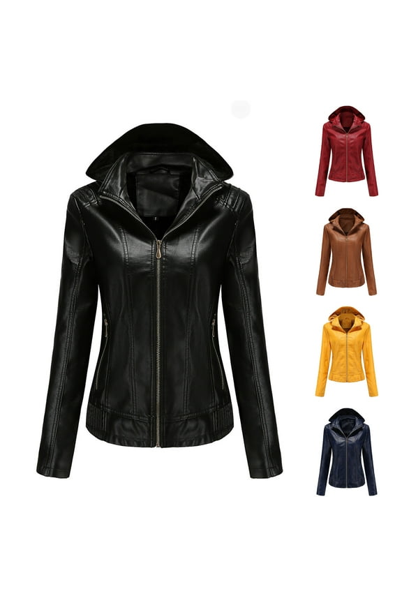 Birthday Gifts! QATAINLAV Winter Leather Jacket for Women Slim Fit Moto Biker Jackets Casual Zip Up Inner Fleece Warm Coat with Hooded Black XL