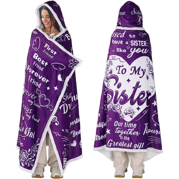 Birthday Gifts for Sister,Sister Birthday Gifts Sherpa Wearable Blanket Hoodie,Gifts for Sisters from Sisters Adult,Sister Gifts from Sisters/Brother,Sister Purple Double Hooded Blanket,70.8" X 47.3"