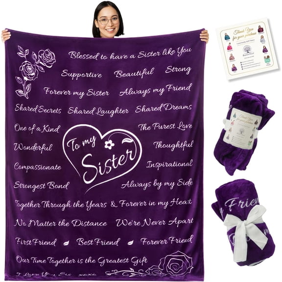 Birthday Gifts for Sister Soft Purple Christmas Blanket with Meaningful Words Sentimental Present for Her Cozy Fleece 65"×50" Throw for Sister’s Special Occasions Winter Ready Comfort