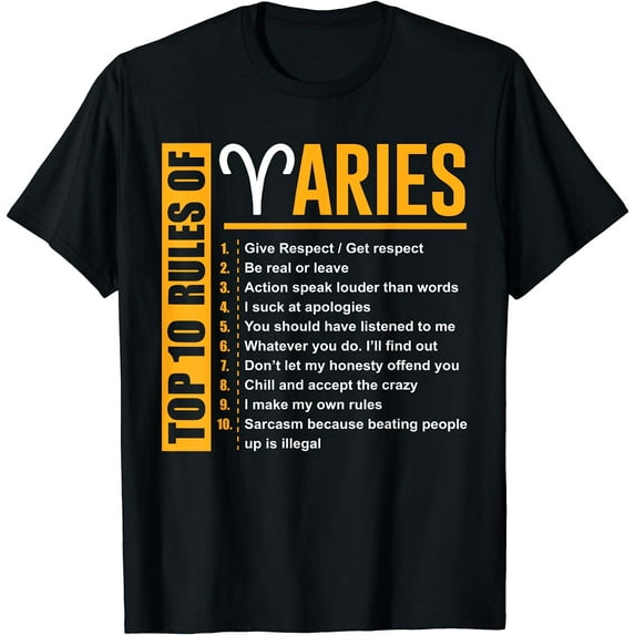 Birthday Gifts - Top 10 Rules Of Aries Zodiac T-Shirt Black 4X-Large