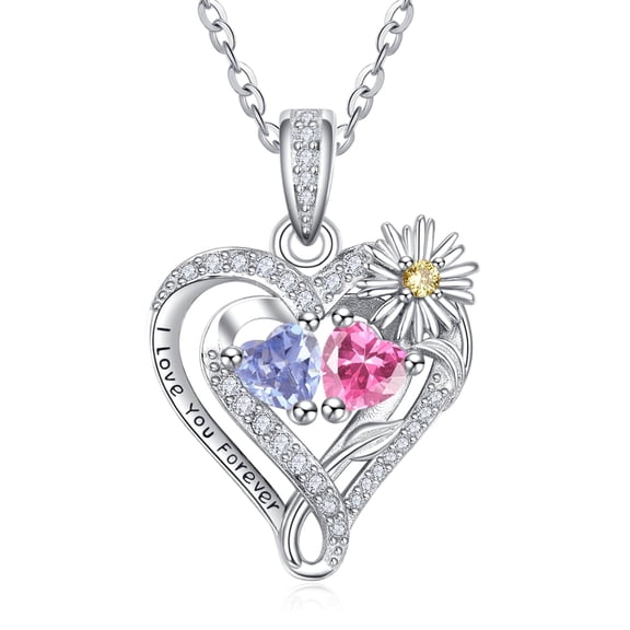 TANGPOET Sterling Silver Daisy Heart Necklaces Pendant Jewelry Alexandrite Tourmaline June October Birthstone Necklace Anniversary Jewelry Gifts for Women