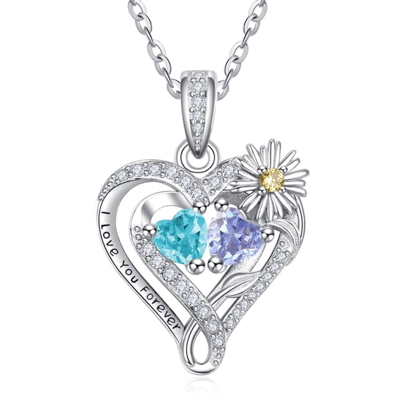 TANGPOET Sterling Silver Daisy Heart Necklaces Pendant Jewelry Aquamarine Alexandrite March June Birthstone Necklace Anniversary Jewelry Gifts for Women
