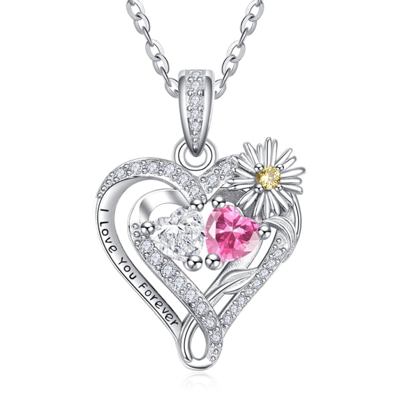 TANGPOET Sterling Silver Daisy Heart Necklaces Pendant Jewelry CZ Tourmaline April October Birthstone Necklace Anniversary Jewelry Gifts for Women
