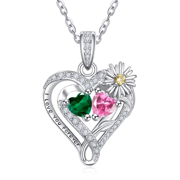 TANGPOET Sterling Silver Daisy Heart Necklaces Pendant Jewelry Emerald Tourmaline May October Birthstone Necklace Anniversary Jewelry Gifts for Women