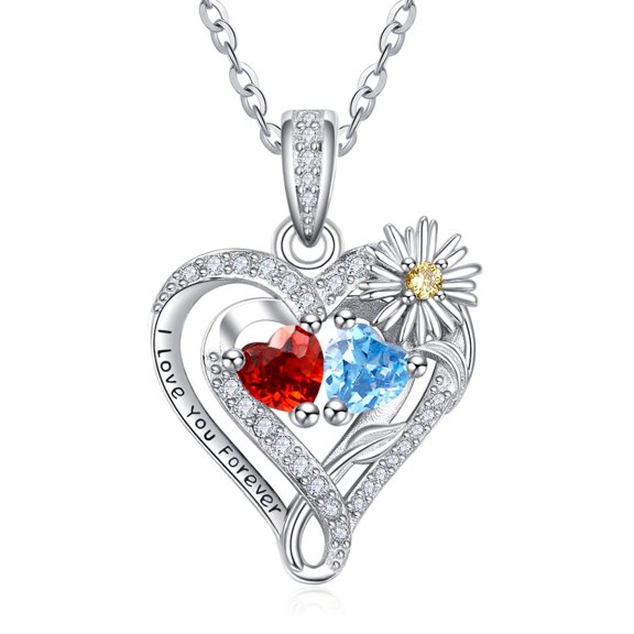 TANGPOET Sterling Silver Daisy Heart Necklaces Pendant Jewelry Garnet Topaz January December Birthstone Necklace Anniversary Jewelry Gifts for Women