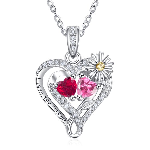 Birthday Gifts for Wife Mom Grandma Her Sterling Silver Daisy Heart Necklaces Pendant Jewelry Ruby Tourmaline July October Birthstone Necklace Anniversary Jewelry Gifts for Women