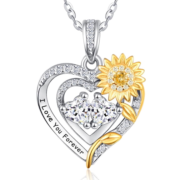 TANGPOET Sterling Silver Heart Sunflower Necklaces Pendant Jewelry CZ April Birthstone Necklace Anniversary Jewelry Gifts for Women Wife Her Girlfriend