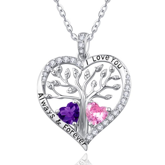 Birthday Gifts for Wife Mom Grandma Her Sterling Silver Tree of Life Heart Necklaces Pendant Jewelry Amethyst Tourmaline February October Birthstone Necklace Anniversary Jewelry Gifts for Women