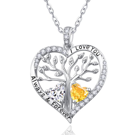 Birthday Gifts for Wife Mom Grandma Her Sterling Silver Tree of Life Heart Necklaces Pendant Jewelry CZ Citrine April November Birthstone Necklace Anniversary Jewelry Gifts for Women