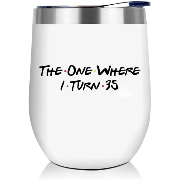 Birthday Gifts for Women, Best Friends Gifts, Sister, Female, Mom, Daughter, Wife Wine Tumbler Friends Edition with Straw and Brush\u2026 (35th Birthday)