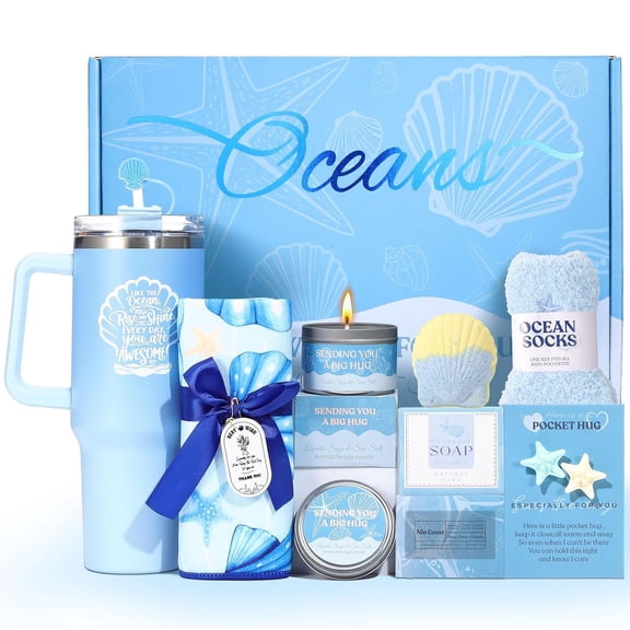 Birthday Gifts for Women Blue Ocean Gifts Box Set Self Care Gifts for Mom Girlfriend Wife Sister Her Best Friend,Relaxing Spa Gift Baskets for Women Get Well Soon Sympathy Gift Care Package for Women