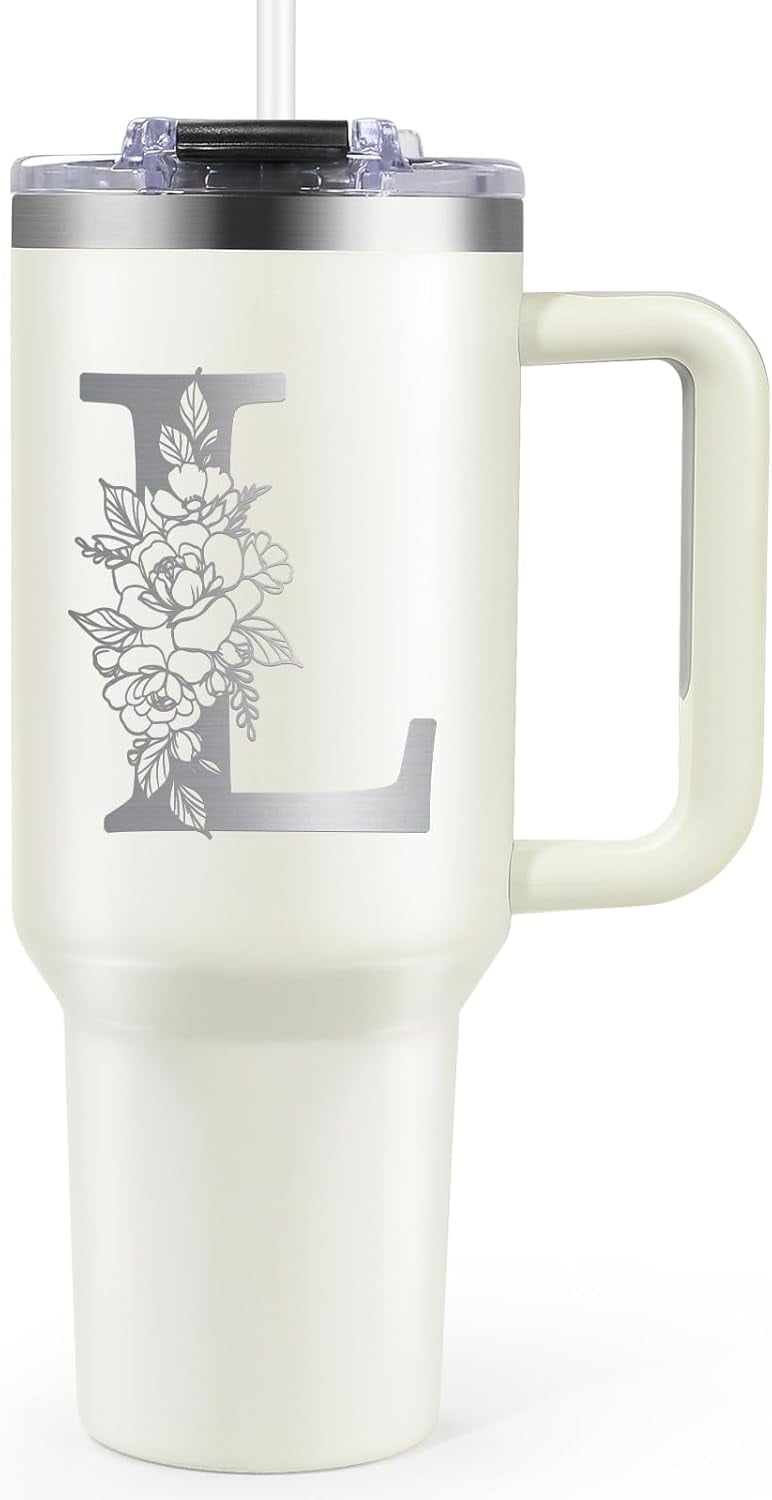 Birthday Gifts for Women, Gifts for Women, Monogrammed Gifts for Women, 40oz Initial Stainless Steel Tumbler with Straw and Lid - Personalized Christmas, Birthday Gifts for Best Friend Her Mom, L