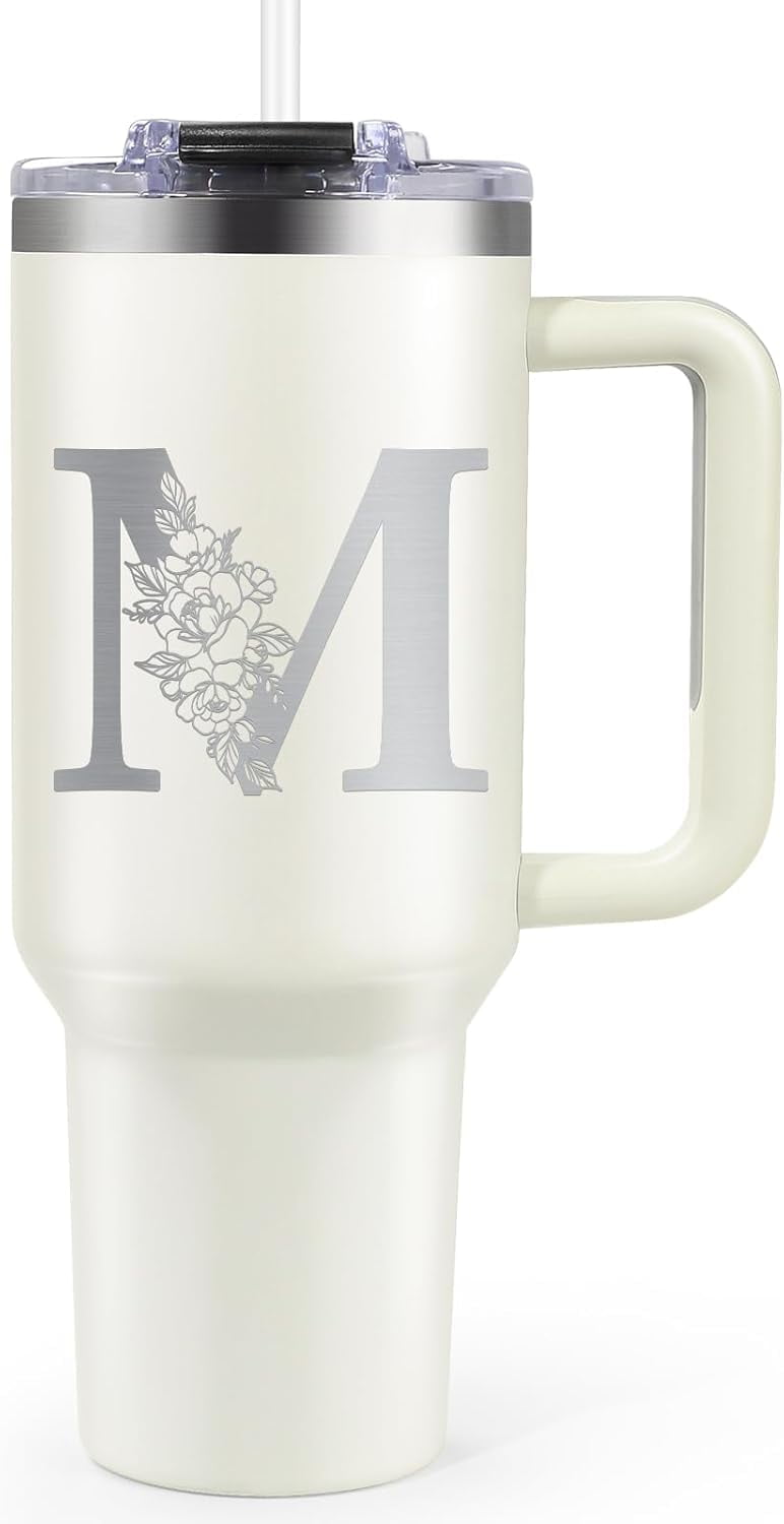Birthday Gifts for Women, Gifts for Women, Monogrammed Gifts for Women, 40oz Initial Stainless Steel Tumbler with Straw and Lid - Personalized Christmas, Birthday Gifts for Best Friend Her Mom, E