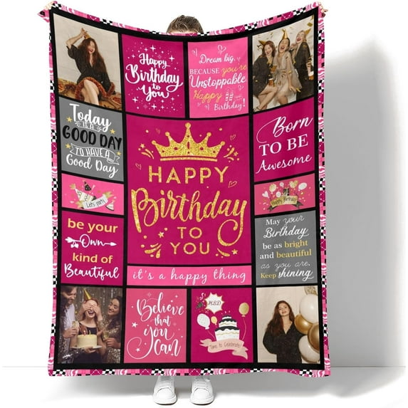 Birthday Gifts for Women Girls Custom Throw Blanket with Photo Happy Birthday Decorations for Women, Gifts for Women Birthday, Womens Birthday Gift Ideas for Her Friend Mom Sister Grandma Wife