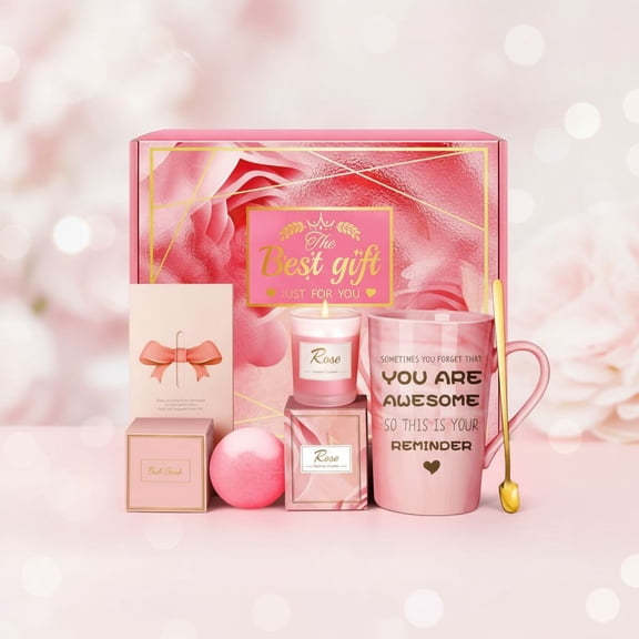 Birthday Gifts for Women, Mom, Sister, Friend: Unique Pink Self Care Spa Relaxation Baskets Set, Christmas, Holiday, Valentines Day Presents for Her, Girlfriend, Grandma, Wife, Bestie, Coworkers