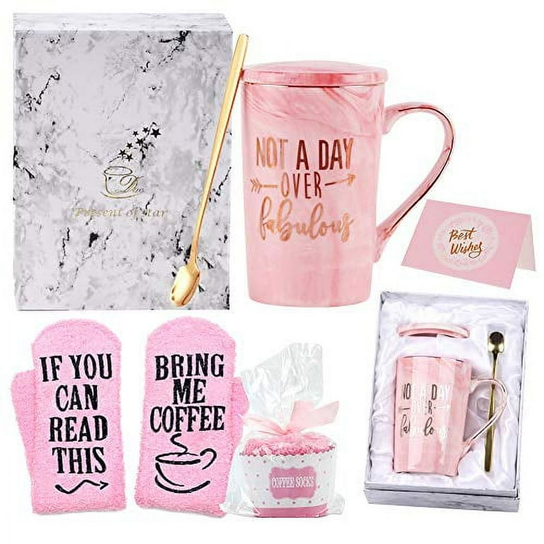 Birthday Gifts for Women, Not A Day Over Fabulous Mug, Funny Gifts for Mom,  Wife, Daughter, Sister, Aunt, Cousins, Friends, Coworkers, 14 OZ Marble  Ceramic Coffee Cup Set (Pink) 