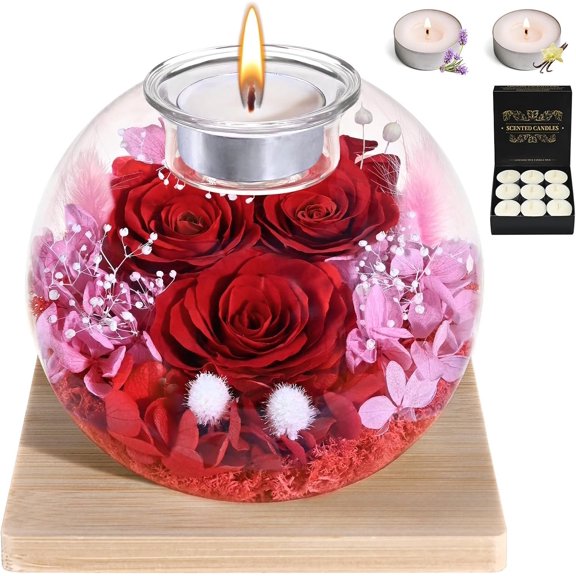 Birthday Gifts for Women, Preserved Real Rose in Glass with Scented Candles - Forever Preserved Rose for Day, Anniversary, for Delivery for Wife Girlfriend Mom