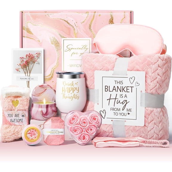 Birthday Gifts for Women Self Care Get Well Soon Gift Baskets, Rose Relaxing Spa Gift Basket Care Package w/ Luxury Flannel Blanket, Unique Valentines Day Gifts for Mom Her Friend Sister Wife Grandma
