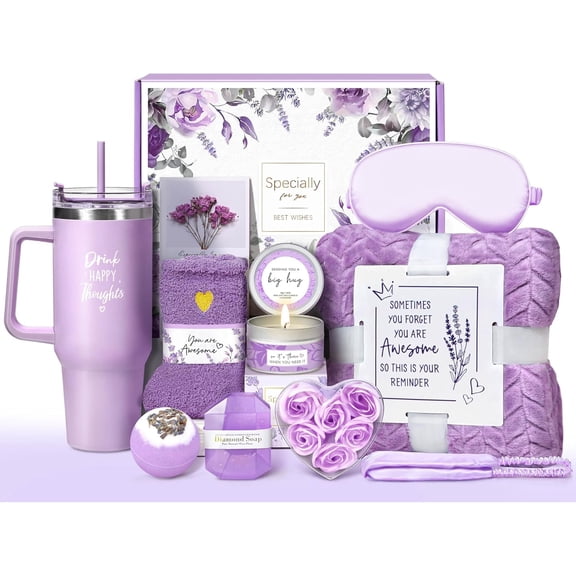 Birthday Gifts for Women Self Care Get Well Soon Gifts, Lavender Relaxing Spa Gift Basket - Care Package w/ Luxury Flannel Blanket & 40 oz Tumbler, Mother's Day Christmas Gift for Mom Her Wife Sister
