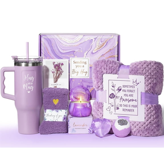 Birthday Gifts for Women Self Care Gifts Get Well Soon Gifts, 11 Pcs Lavender Spa Gift Baskets w/Flannel Blanket 40 OZ Tumbler Care Package, Mothers Day Gifts for Mom Her Sister Wife Grandma, Purple