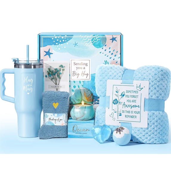 Birthday Gifts for Women Self Care Gifts Get Well Soon Gifts, 11 Pcs Ocean Spa Gift Baskets w/Flannel Blanket 40 OZ Tumbler Care Package, Mothers Day Gifts for Mom Her Sister Wife Grandma, Blue
