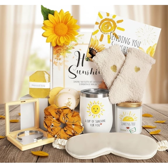 Birthday Gifts for Women, Sending Sunshine Christmas Gifts, Get Well Soon Gifts Basket Care Package Unique Spa Gifts Box with Wine Glasses for Thinking of You Her Sister Best Friend