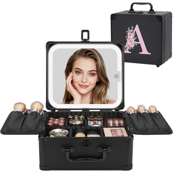 Birthday Gifts for Women Teen Girls, Initial Makeup Bag with LED Mirror Personalized  Bag Travel Organizer  Case, Teacher Graduation  Teen Girl Gifts Trendy Stuff, Black A