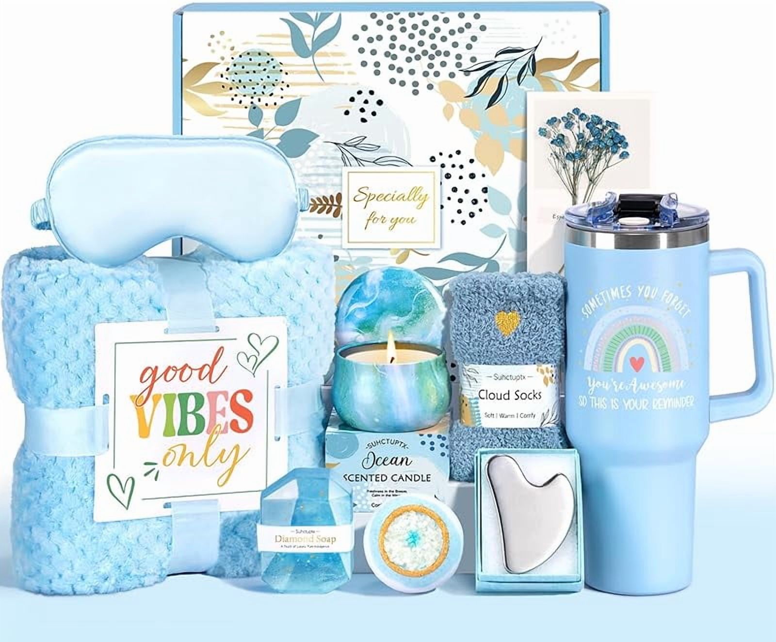 Lavender Gift Basket For Mom - Luxury Self Care Package With Blanket, Tumbler & Scented Candle