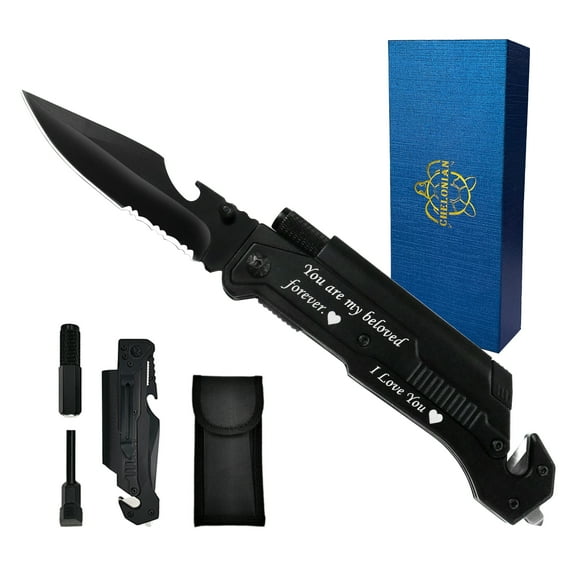 Birthday Gifts for Husband Boyfriend,6 in 1 Multifunction Camping Folding Knives with Light Fire Starter Bottle Opener Glass Breaker Seatbelt Cutter