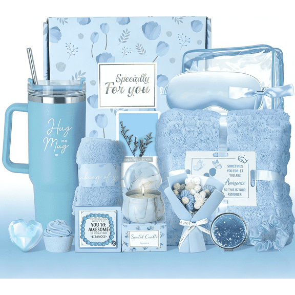 15PCS Birthday Gifts for Women, Relaxing Spa Gifts Baskets for Her, Care Package with Luxury Flannel Blanket and 40 oz Tumbler, Valentines, Mothers Day, Gift for Mom, Wife, Friends