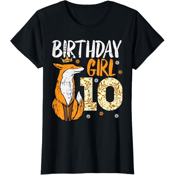 Birthday Girl 10 Fox Crown 10th Bday Party Animal Girls Kids T-Shirt