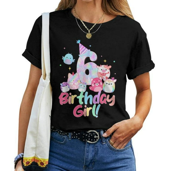 Birthday Girl 6th Birthday T-Shirt for Girls and Women – Cute Squish Squad Mallow Theme Party Outfit, Kawaii Cartoon Character Tee, Fun 6 Year Old Birthday Gift Idea, Colorful Celebration Clothing