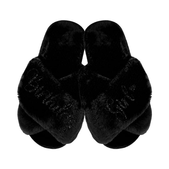 Birthday Girl and Birthday Squad Slippers - Fluffy Criss Cross Slippers for Girls - Ages 3 to 10 years - Gifts for Girls, Black 11.5-12C (5-6Yrs), Birthday Girl with Black Glitter